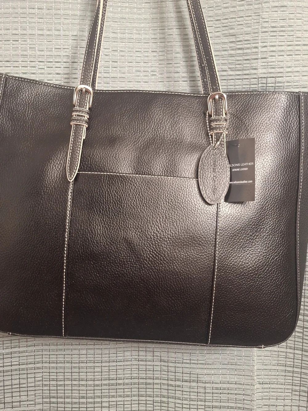 Wilsons Leather Black Laptop Tote with Contrast Stitching